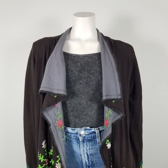 Biya Johnny Was Brown Floral Embroidered Waterfall Long Brown Cardigan Size M - Picture 3 of 15